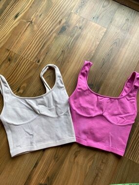 Set of Two Organic Basics Ribbed Crop Tops - Pink and Cream